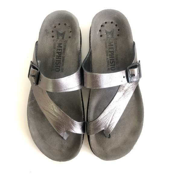 Mephisto Helen Gray Metallic Water-Repellent Leather Slip-On Thong Sandals 5/35 - Picture 1 of 13